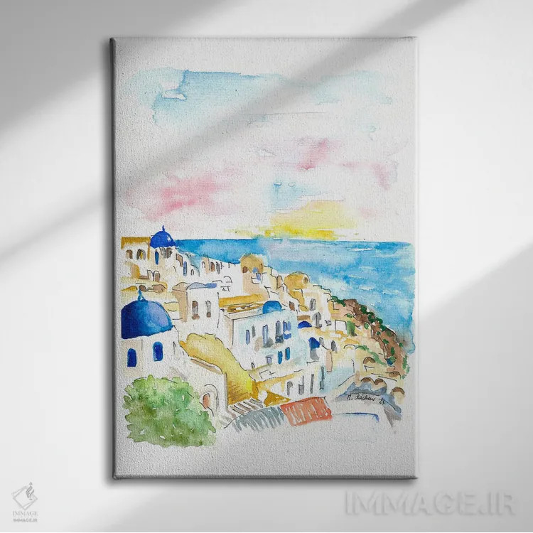 تابلو دکوراتیو "اویا سانتورینی، گنبدهای آبی و دریا" اثر مارکوس و مارتینا بلیشنر - نمای روبهرو روی دیوار