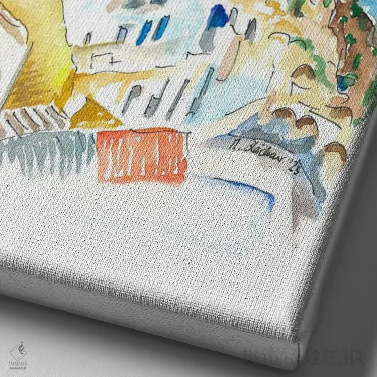 تابلو دکوراتیو "اویا سانتورینی، گنبدهای آبی و دریا" اثر مارکوس و مارتینا بلیشنر - نمای نزدیک بافت بوم