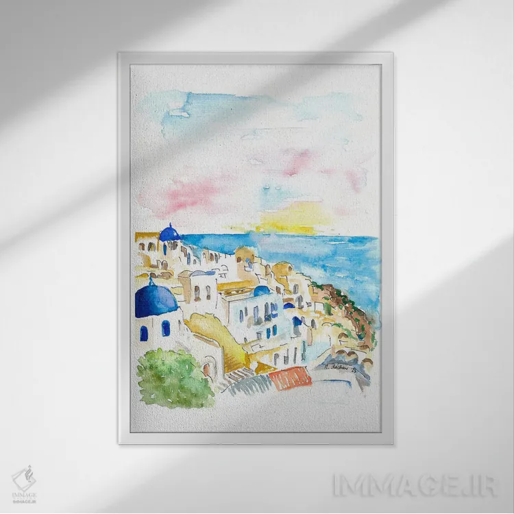 تابلو دکوراتیو "اویا سانتورینی، گنبدهای آبی و دریا" اثر مارکوس و مارتینا بلیشنر - نمای قابدار سفید