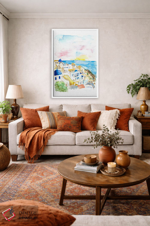 تابلو دکوراتیو "اویا سانتورینی، گنبدهای آبی و دریا" اثر مارکوس و مارتینا بلیشنر - D1W