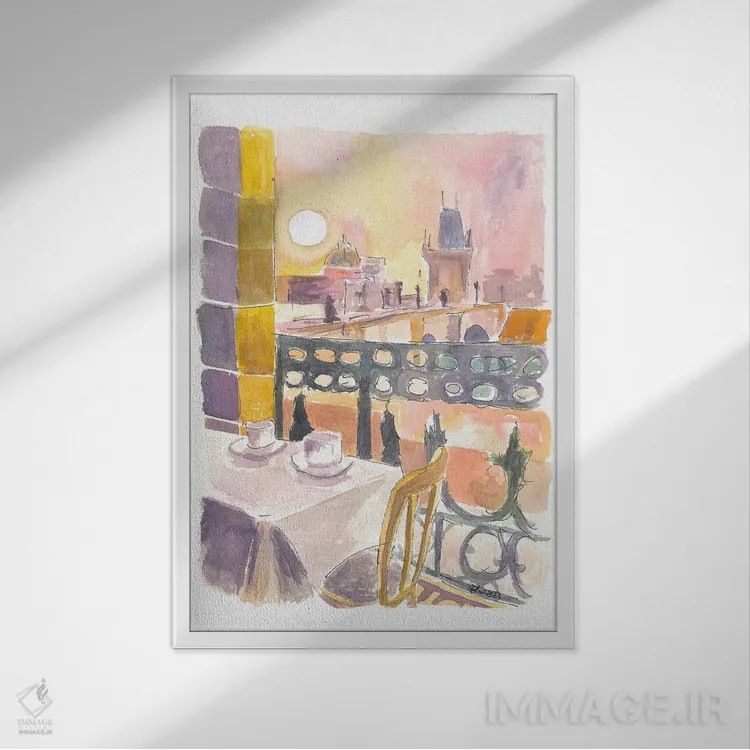 تابلو دکوراتیو "میز کافه در پراگ جمهوری چک با نمای پل کارلوف" اثر مارکوس و مارتینا بلیشنر - نمای قابدار سفید