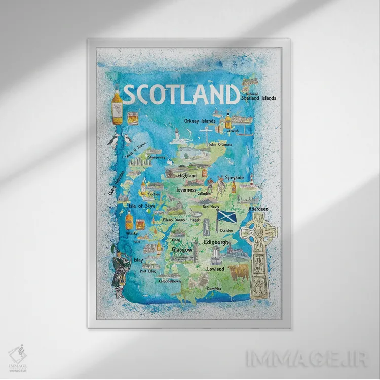 تابلو دکوراتیو اسکاتلند - نقشه تصویری با نمادها و نکات برجسته اثر مارکوس و مارتینا بلیشنر - نمای قابدار سفید