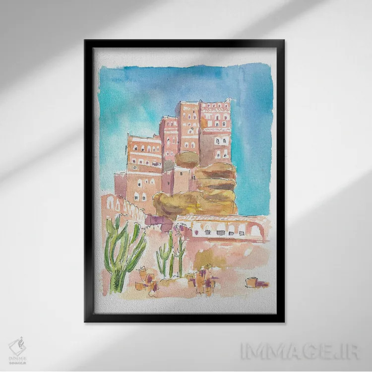 تابلو دکوراتیو دارالحجر کاخ تاریخی سنگی نزدیک صنعا یمن اثر مارکوس و مارتینا بلیشنر - نمای قابدار مشکی