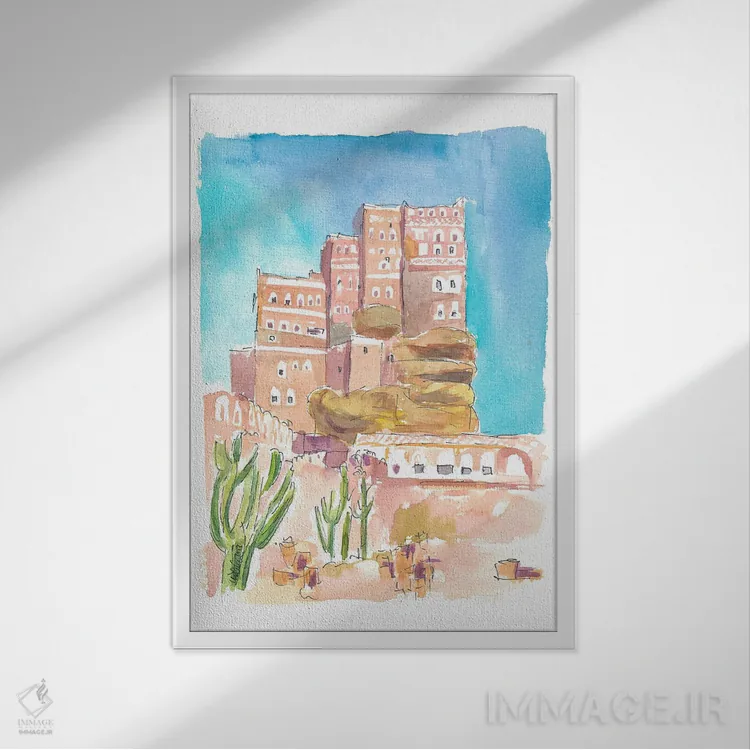 تابلو دکوراتیو دارالحجر کاخ تاریخی سنگی نزدیک صنعا یمن اثر مارکوس و مارتینا بلیشنر - نمای قابدار سفید
