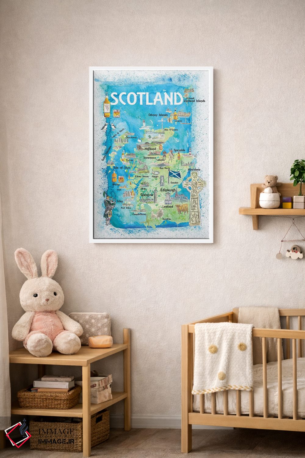 تابلو دکوراتیو اسکاتلند - نقشه تصویری با نمادها و نکات برجسته اثر مارکوس و مارتینا بلیشنر - D3W
