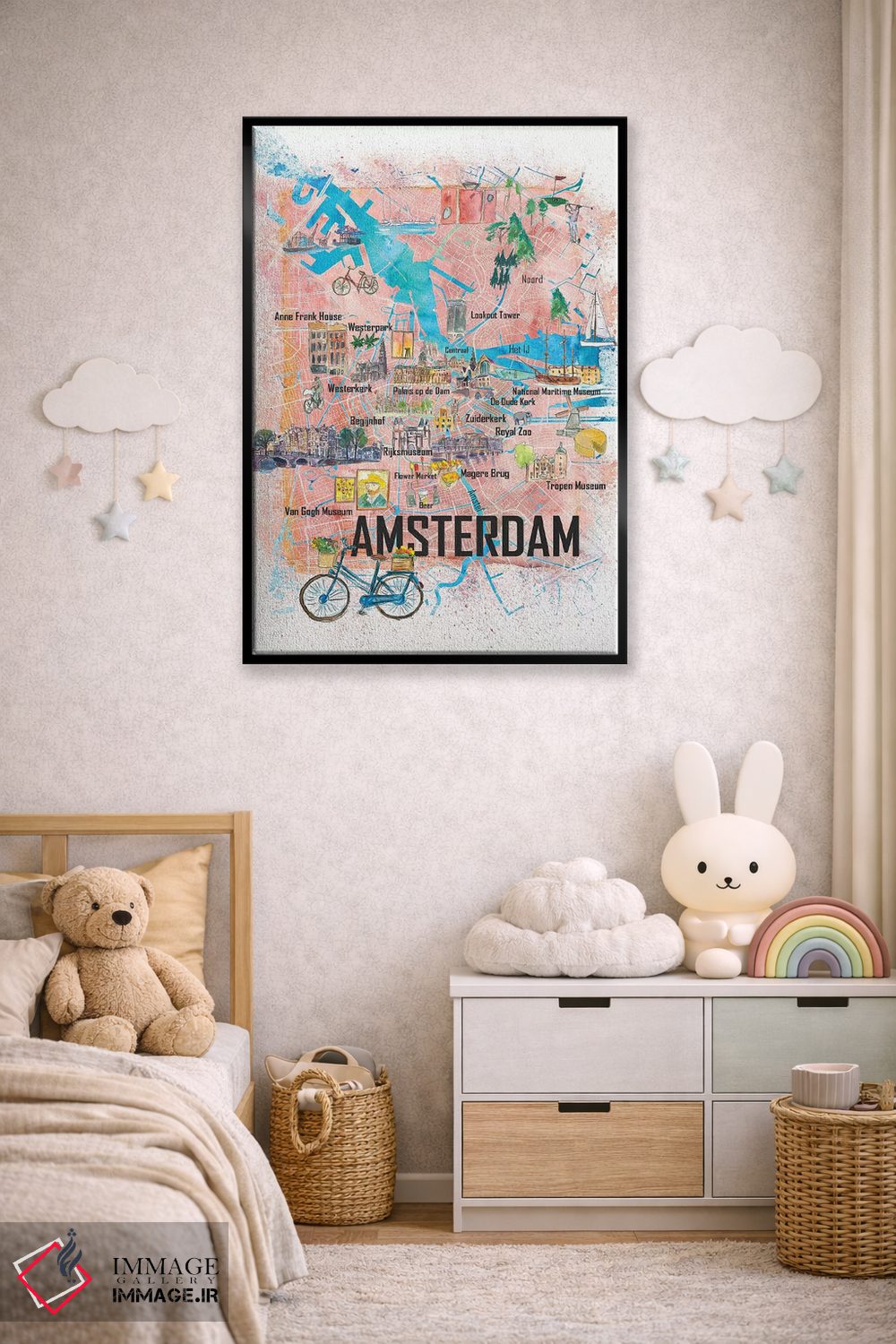 تابلو دکوراتیو آمستردام هلند - نقشه تصویری با جاده های اصلی، ن… اثر مارکوس و مارتینا بلیشنر - D5B