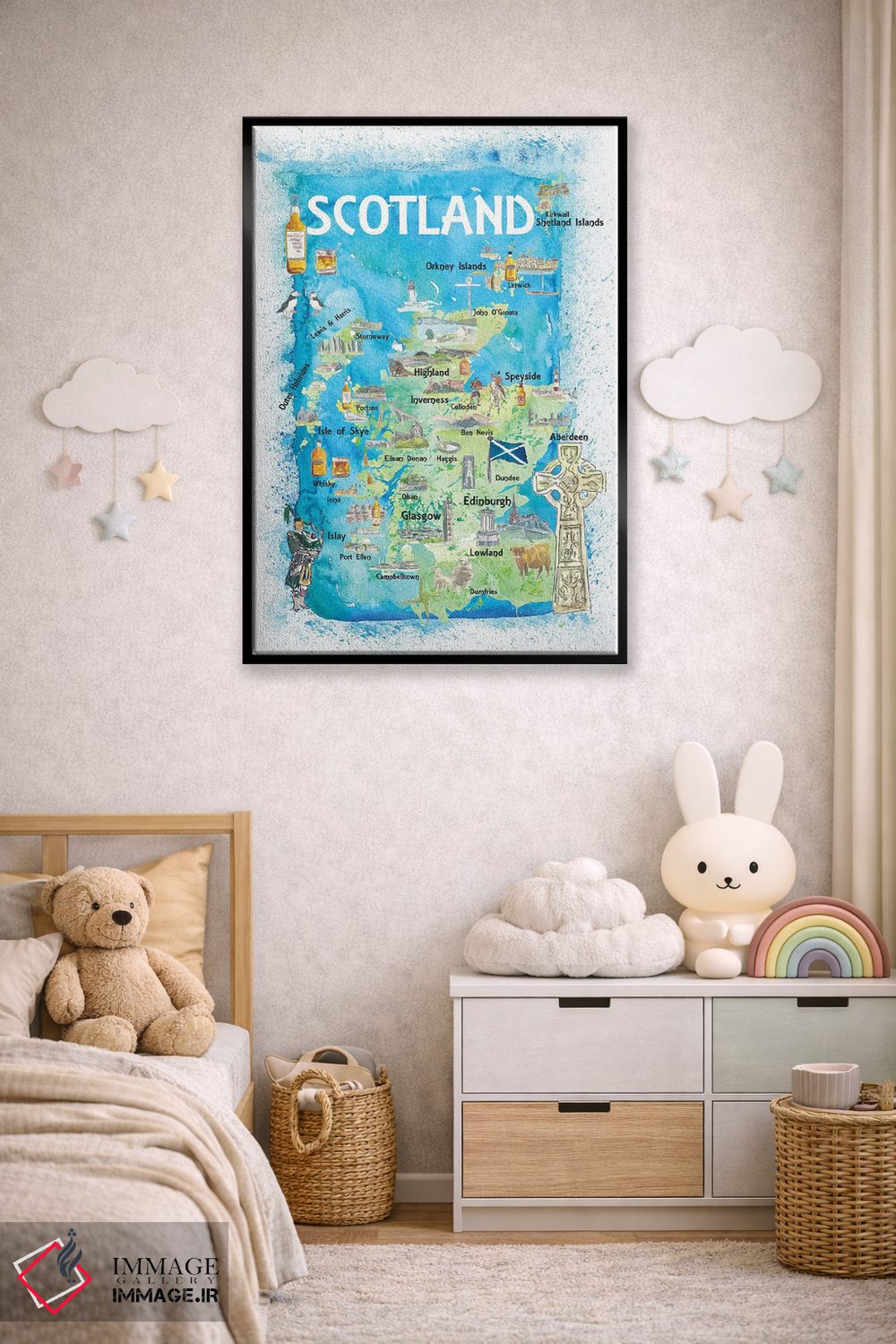 تابلو دکوراتیو اسکاتلند - نقشه تصویری با نمادها و نکات برجسته اثر مارکوس و مارتینا بلیشنر - D6B