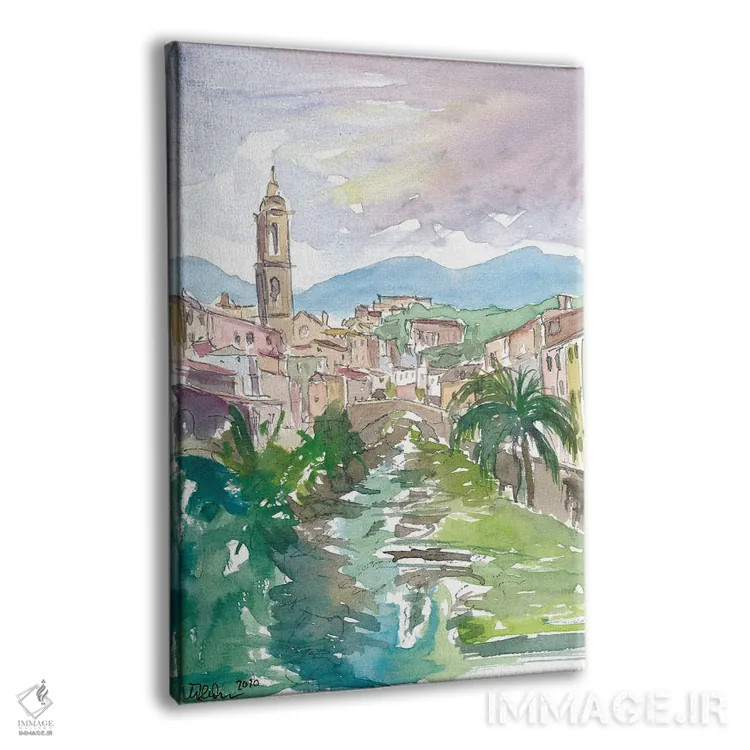 تابلو دکوراتیو شهرک روستایی لیگوریا ایتالیا با نهر و پل اثر مارکوس و مارتینا بلیشنر - نمای پرسپکتیو محصول