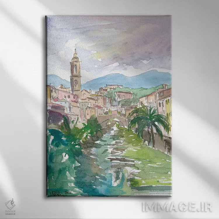 تابلو دکوراتیو شهرک روستایی لیگوریا ایتالیا با نهر و پل اثر مارکوس و مارتینا بلیشنر - نمای روبهرو روی دیوار