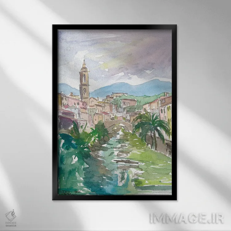 تابلو دکوراتیو شهرک روستایی لیگوریا ایتالیا با نهر و پل اثر مارکوس و مارتینا بلیشنر - نمای قابدار مشکی