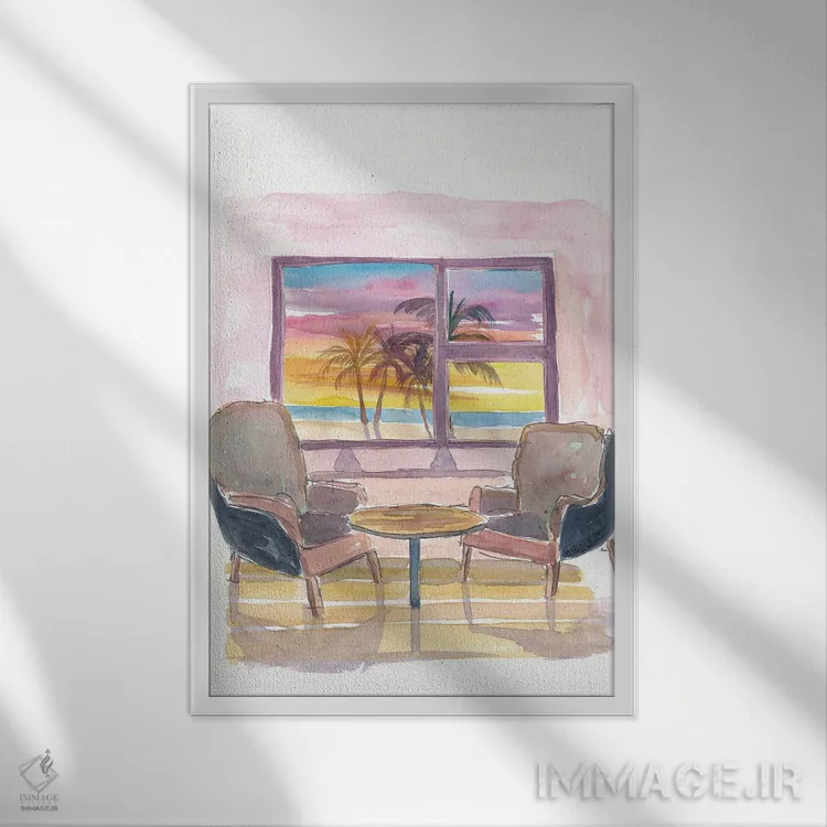 تابلو دکوراتیو پنجره پانوراما دنج به غروب و ساحل اثر مارکوس و مارتینا بلیشنر - نمای قابدار سفید