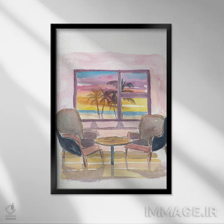 تابلو دکوراتیو پنجره پانوراما دنج به غروب و ساحل اثر مارکوس و مارتینا بلیشنر - نمای قابدار مشکی