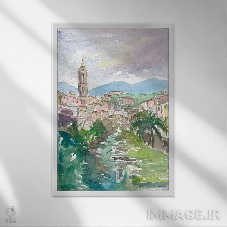 تابلو دکوراتیو شهرک روستایی لیگوریا ایتالیا با نهر و پل اثر مارکوس و مارتینا بلیشنر - نمای قابدار سفید