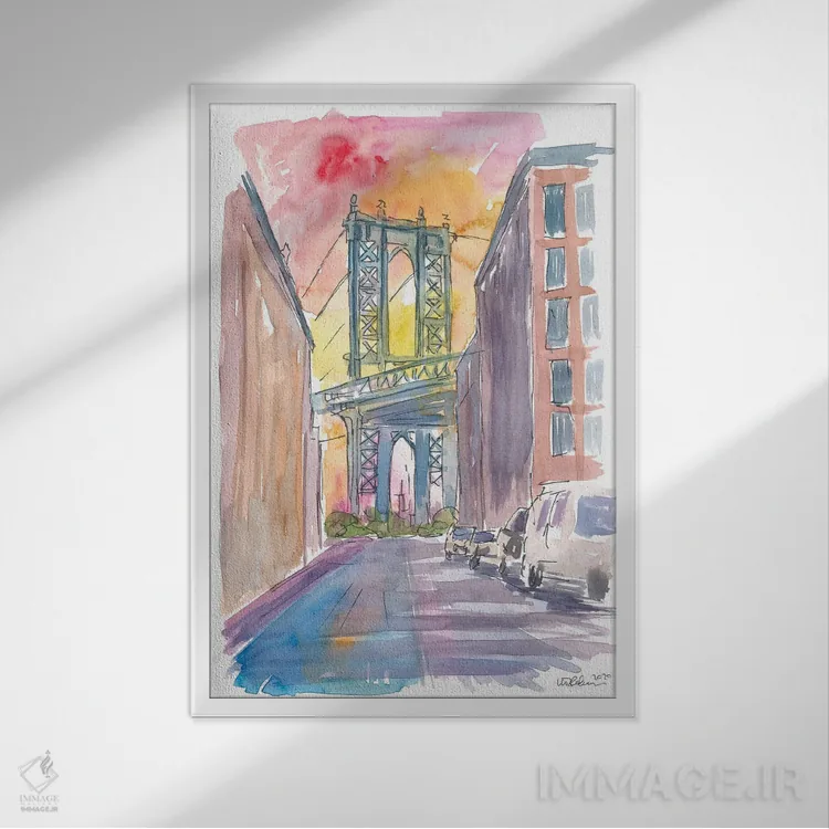 تابلو دکوراتیو چشم اندازی ویژه به پل منهتن نیویورک در غروب اثر مارکوس و مارتینا بلیشنر - نمای قابدار سفید