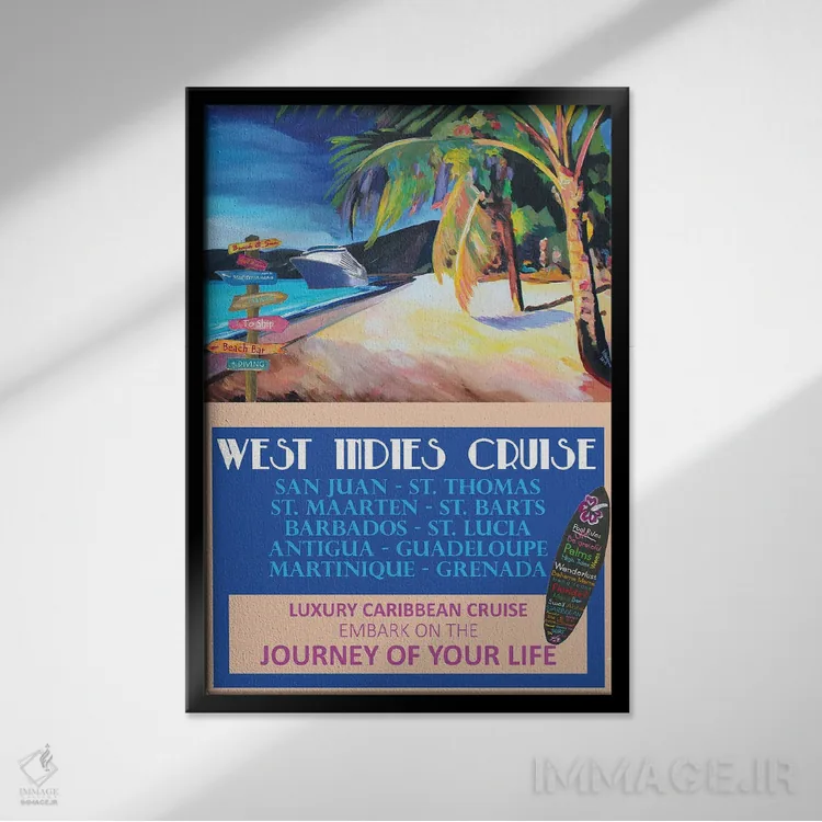 تابلو دکوراتیو پوستر سفر دریایی وسته ایندیز به سبک رترو اثر مارکوس و مارتینا بلیشنر - نمای قابدار مشکی