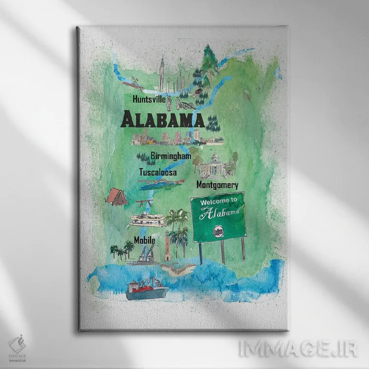 تابلو دکوراتیو پوستر سفر مصور ایالت آلاباما آمریکا اثر مارکوس و مارتینا بلیشنر - نمای روبهرو روی دیوار