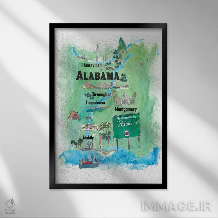 تابلو دکوراتیو پوستر سفر مصور ایالت آلاباما آمریکا اثر مارکوس و مارتینا بلیشنر - نمای قابدار مشکی