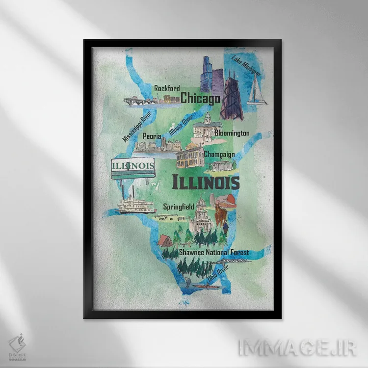 تابلو دکوراتیو "پوستر سفر تصویری آمریکا، ایلینوی" اثر مارکوس و مارتینا بلیشنر - نمای قابدار مشکی