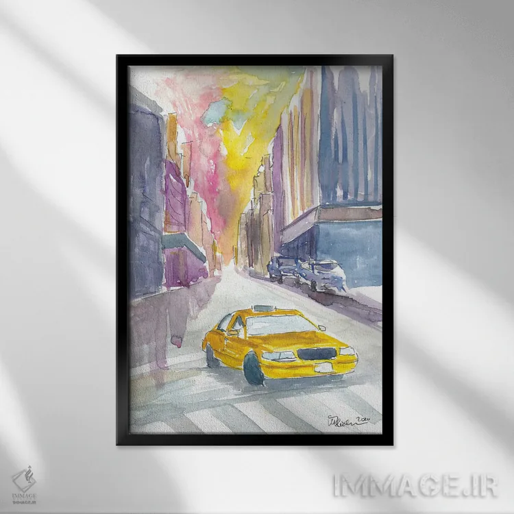 تابلو دکوراتیو نمای خیابانی تاکسی کلاسیک در نیویورک سیتی اثر مارکوس و مارتینا بلیشنر - نمای قابدار مشکی