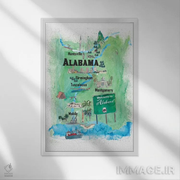 تابلو دکوراتیو پوستر سفر مصور ایالت آلاباما آمریکا اثر مارکوس و مارتینا بلیشنر - نمای قابدار سفید