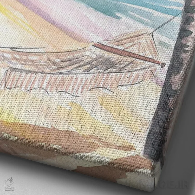 تابلو دکوراتیو "ننو، نخل و دریای فیروزه ای در ساحل تنها کارائی… اثر مارکوس و مارتینا بلیشنر - نمای نزدیک بافت بوم