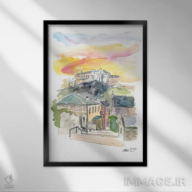 تابلو انتزاعی نمای خیابان اباوربورگ اسکاتلند همراه با قلعه در غ… اثر مارکوس و مارتینا بلیشنر - نمای قابدار مشکی