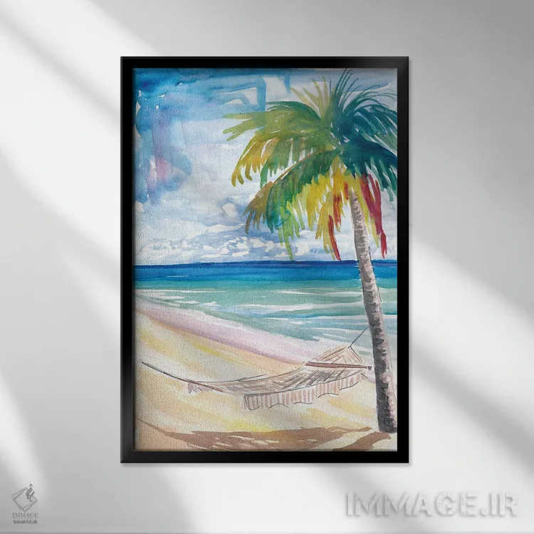 تابلو دکوراتیو "ننو، نخل و دریای فیروزه ای در ساحل تنها کارائی… اثر مارکوس و مارتینا بلیشنر - نمای قابدار مشکی