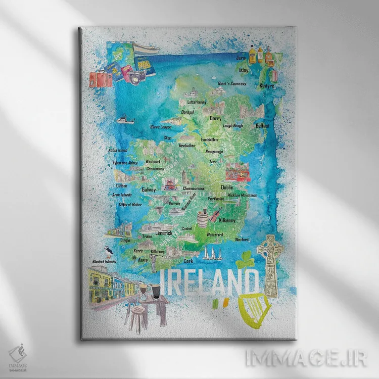 تابلو دکوراتیو نقشه سفر مصور ایرلند با جاده ها و نقاط برجسته اثر مارکوس و مارتینا بلیشنر - نمای روبهرو روی دیوار