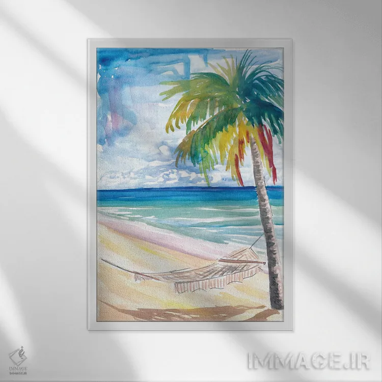 تابلو دکوراتیو "ننو، نخل و دریای فیروزه ای در ساحل تنها کارائی… اثر مارکوس و مارتینا بلیشنر - نمای قابدار سفید