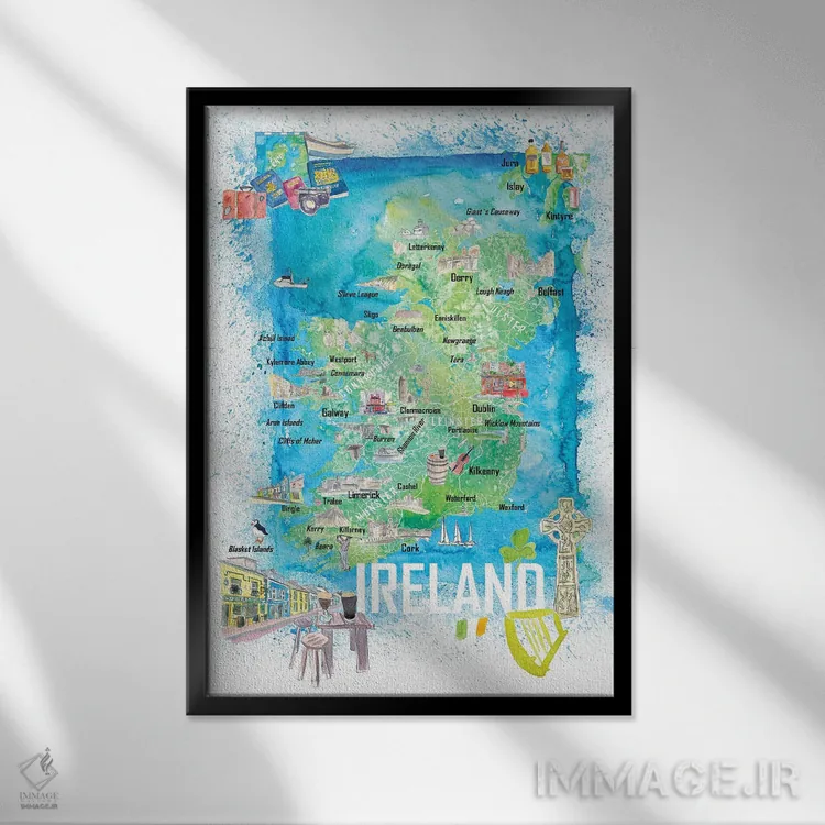تابلو دکوراتیو نقشه سفر مصور ایرلند با جاده ها و نقاط برجسته اثر مارکوس و مارتینا بلیشنر - نمای قابدار مشکی