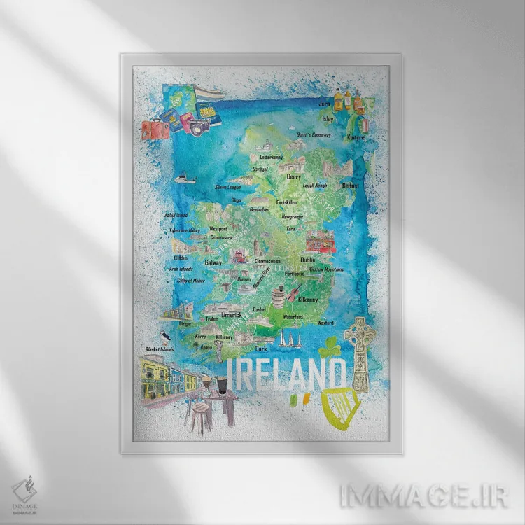 تابلو دکوراتیو نقشه سفر مصور ایرلند با جاده ها و نقاط برجسته اثر مارکوس و مارتینا بلیشنر - نمای قابدار سفید