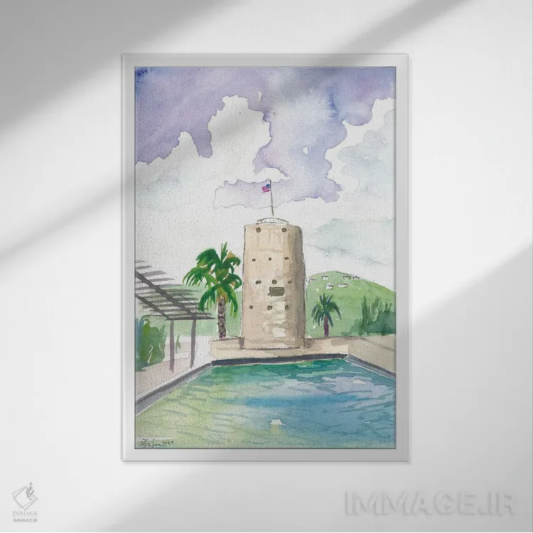 تابلو دکوراتیو نمای شارلوت آمالی سنت توماس با برج بلک برد اثر مارکوس و مارتینا بلیشنر - نمای قابدار سفید