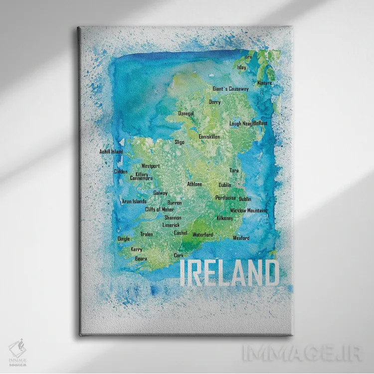 تابلو دکوراتیو نقشه آبرنگی ایرلند با شهرها و جاده ها اثر مارکوس و مارتینا بلیشنر - نمای روبهرو روی دیوار
