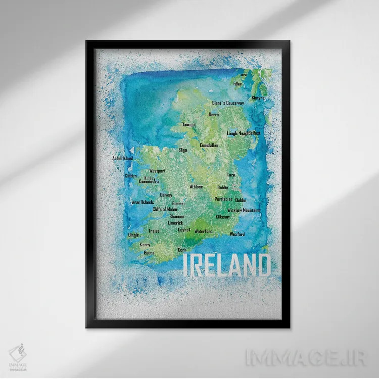 تابلو دکوراتیو نقشه آبرنگی ایرلند با شهرها و جاده ها اثر مارکوس و مارتینا بلیشنر - نمای قابدار مشکی