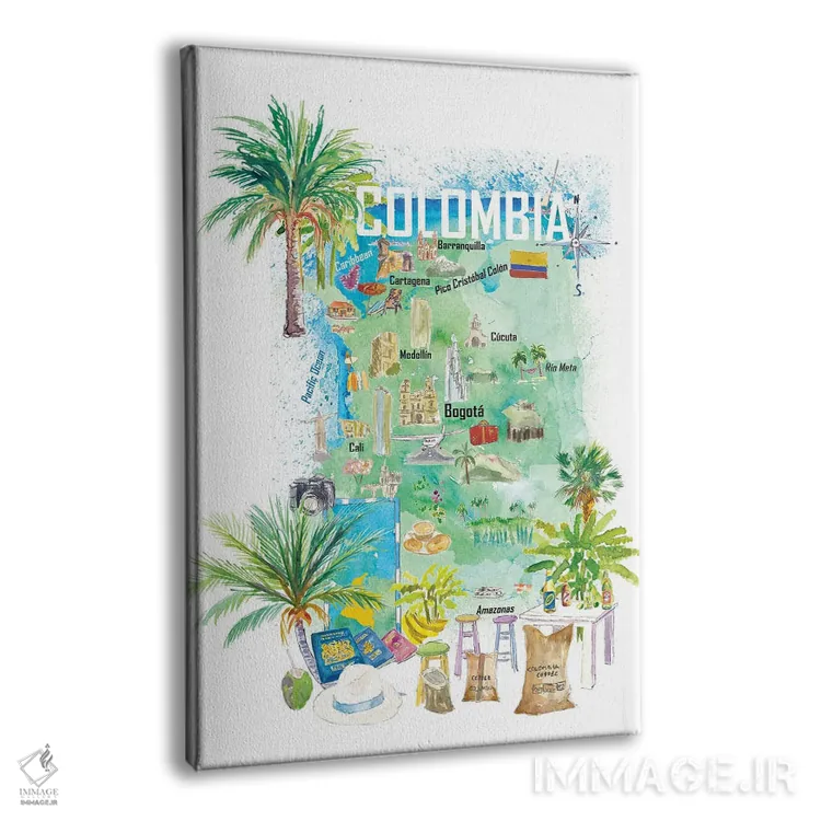 تابلو دکوراتیو نقشه سفر مصور کلمبیا با جاذبه ها و نکات برجسته… اثر مارکوس و مارتینا بلیشنر - نمای پرسپکتیو محصول