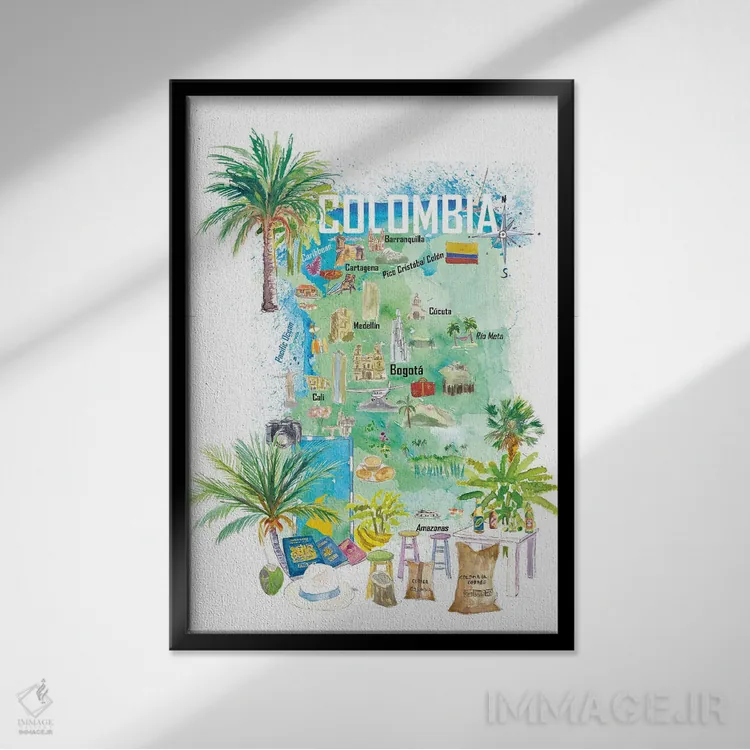 تابلو دکوراتیو نقشه سفر مصور کلمبیا با جاذبه ها و نکات برجسته… اثر مارکوس و مارتینا بلیشنر - نمای قابدار مشکی