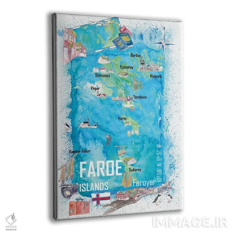 تابلو دکوراتیو "نقشه سفر مصور جزایر فارو با نکات برجسته گردشگر… اثر مارکوس و مارتینا بلیشنر - نمای پرسپکتیو محصول