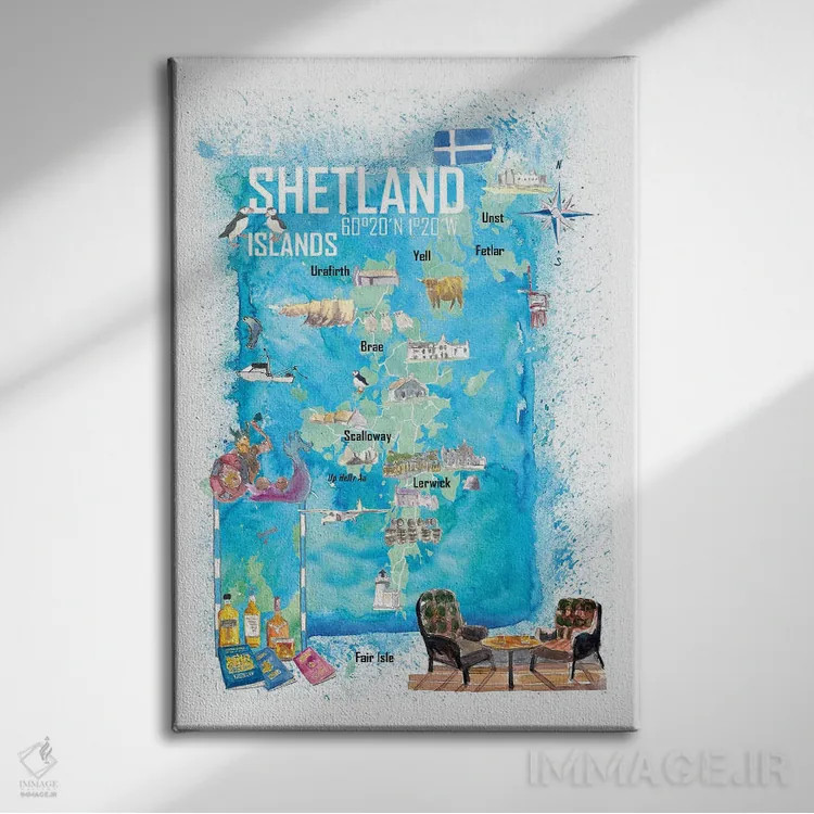 تابلو دکوراتیو "نقشه سفر مصور جزایر شتلند با نکات برجسته گردشگ… اثر مارکوس و مارتینا بلیشنر - نمای روبهرو روی دیوار
