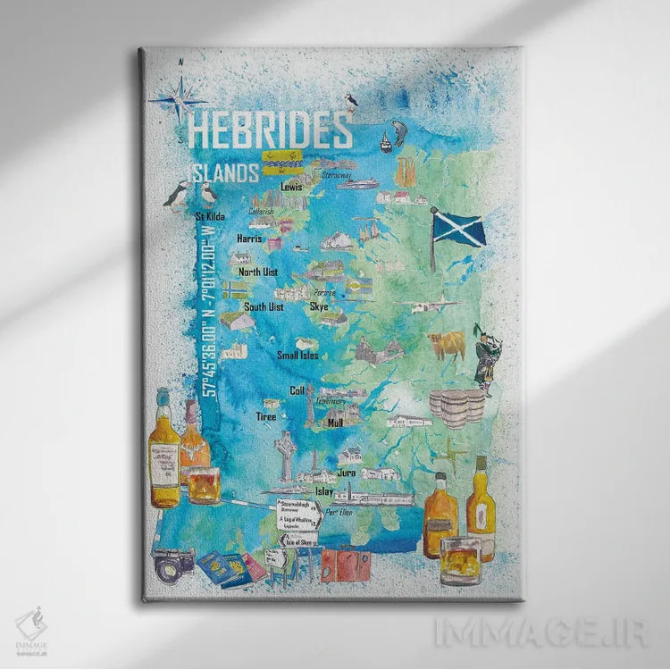 تابلو دکوراتیو "نقشه سفر جزایر هبریدی با نکات برجسته گردشگری" اثر مارکوس و مارتینا بلیشنر - نمای روبهرو روی دیوار