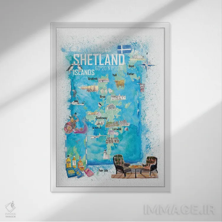 تابلو دکوراتیو "نقشه سفر مصور جزایر شتلند با نکات برجسته گردشگ… اثر مارکوس و مارتینا بلیشنر - نمای قابدار سفید