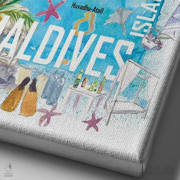 تابلو دکوراتیو "نقشه سفر مصور جزایر مالدیو با رویاهای تعطیلات… اثر مارکوس و مارتینا بلیشنر - نمای نزدیک بافت بوم