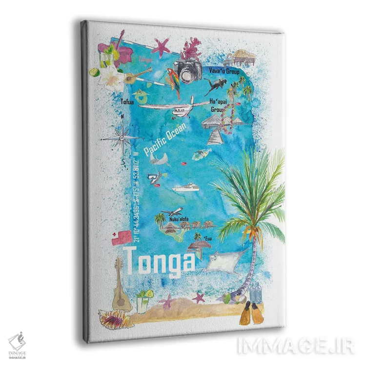 تابلو دکوراتیو "نقشه سفر مصور تونگا، پولینزی با نکات برجسته گر… اثر مارکوس و مارتینا بلیشنر - نمای پرسپکتیو محصول