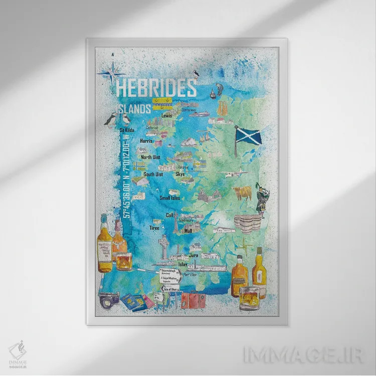 تابلو دکوراتیو "نقشه سفر جزایر هبریدی با نکات برجسته گردشگری" اثر مارکوس و مارتینا بلیشنر - نمای قابدار سفید