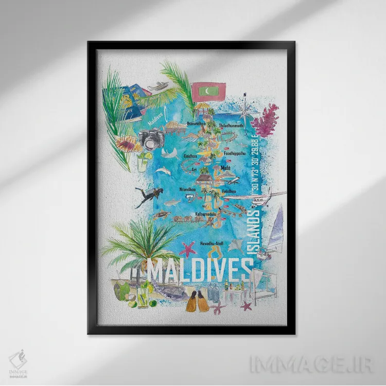 تابلو دکوراتیو "نقشه سفر مصور جزایر مالدیو با رویاهای تعطیلات… اثر مارکوس و مارتینا بلیشنر - نمای قابدار مشکی