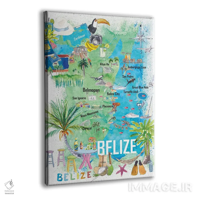 تابلو دکوراتیو "نقشه تصویری سفر بلیز کارائیب با جاده ها و نقاط… اثر مارکوس و مارتینا بلیشنر - نمای پرسپکتیو محصول