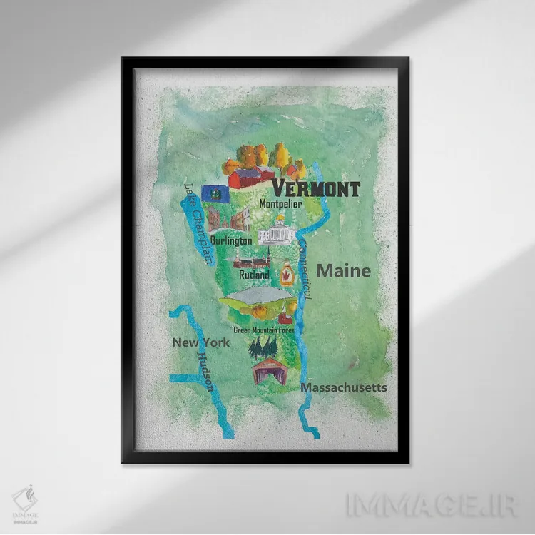 تابلو دکوراتیو "پوستر نقشه سفر ایالت ورمونت، آمریکا" اثر مارکوس و مارتینا بلیشنر - نمای قابدار مشکی