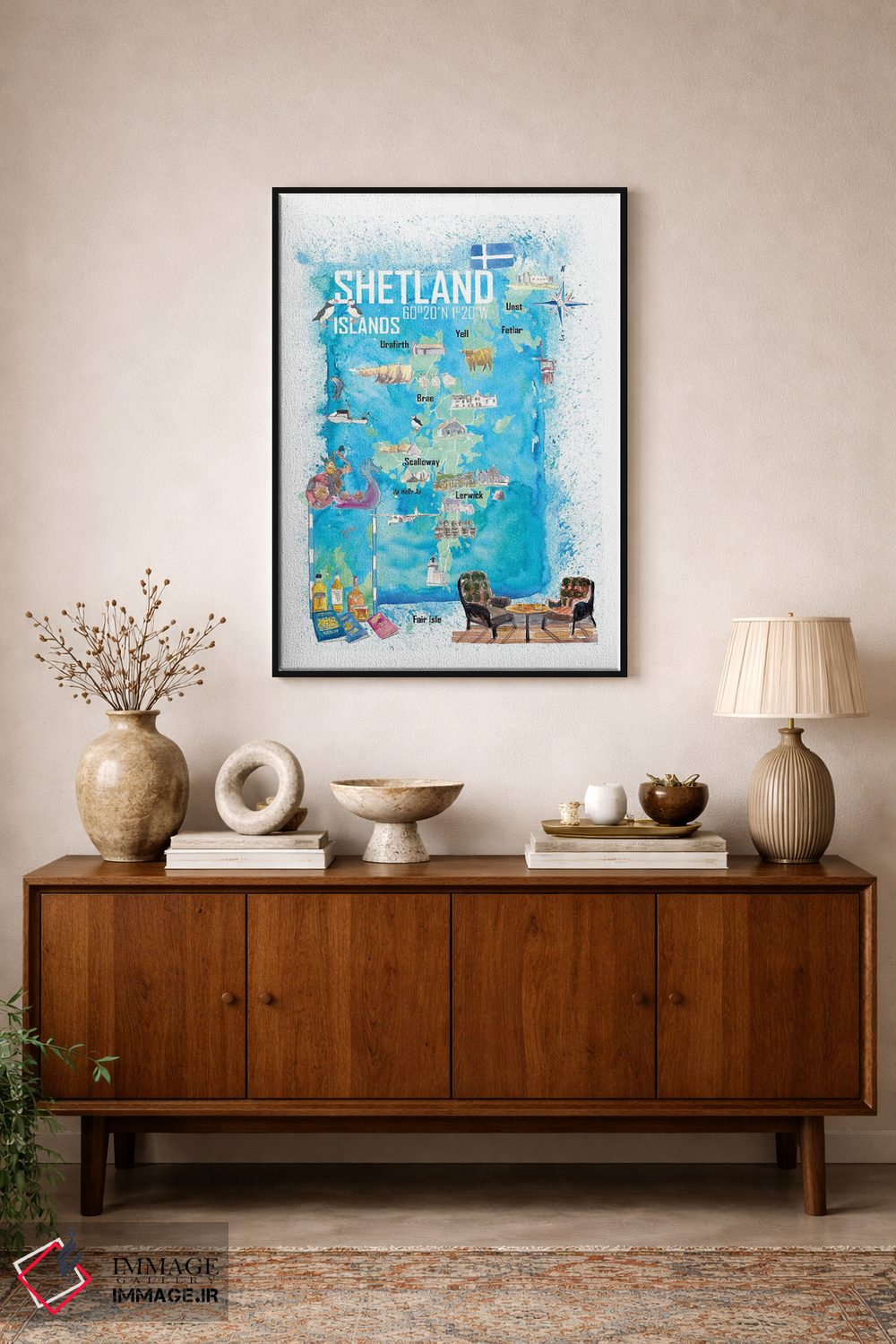 تابلو دکوراتیو "نقشه سفر مصور جزایر شتلند با نکات برجسته گردشگ… اثر مارکوس و مارتینا بلیشنر - D1B