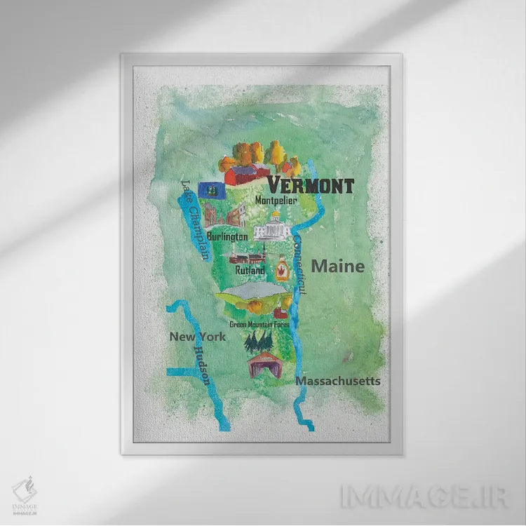 تابلو دکوراتیو "پوستر نقشه سفر ایالت ورمونت، آمریکا" اثر مارکوس و مارتینا بلیشنر - نمای قابدار سفید