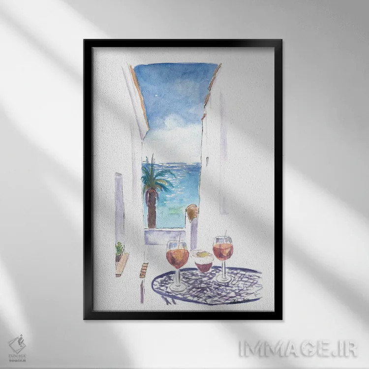 تابلو دکوراتیو نگاهی به دریای مدیترانه در بار یک کوچه کوچک اثر مارکوس و مارتینا بلیشنر - نمای قابدار مشکی