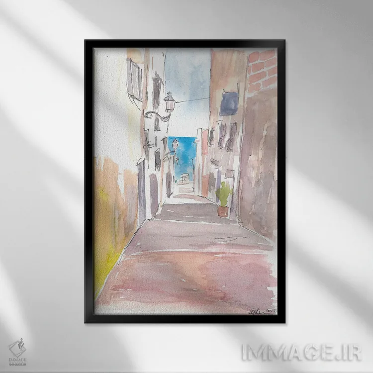 تابلو دکوراتیو "کوچه باریک آلته اسپانیا با منظره دریا در کاستا… اثر مارکوس و مارتینا بلیشنر - نمای قابدار مشکی